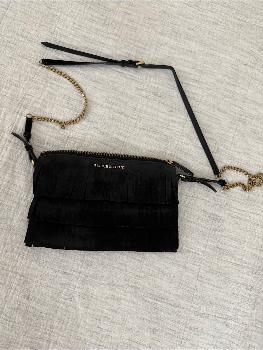 Burberry Black Suede Fringe Crossbody with Gold Chain Strap